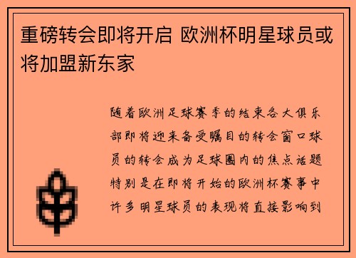 重磅转会即将开启 欧洲杯明星球员或将加盟新东家