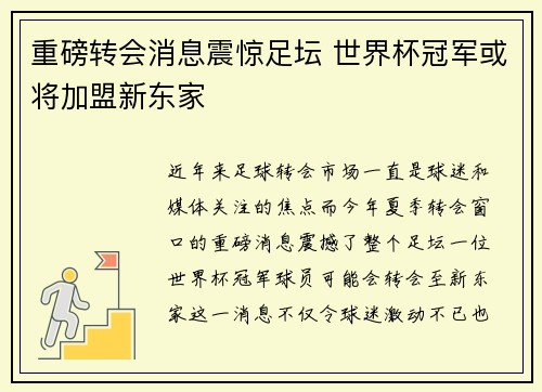 重磅转会消息震惊足坛 世界杯冠军或将加盟新东家