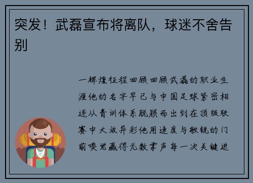 突发！武磊宣布将离队，球迷不舍告别