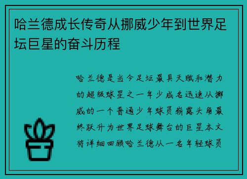 哈兰德成长传奇从挪威少年到世界足坛巨星的奋斗历程